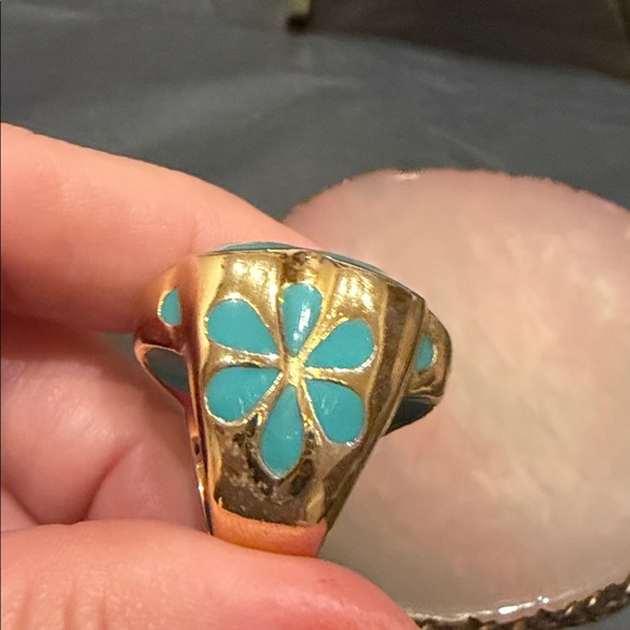 Gold and Turquoise Enamel Ring - Picture 5 of 10